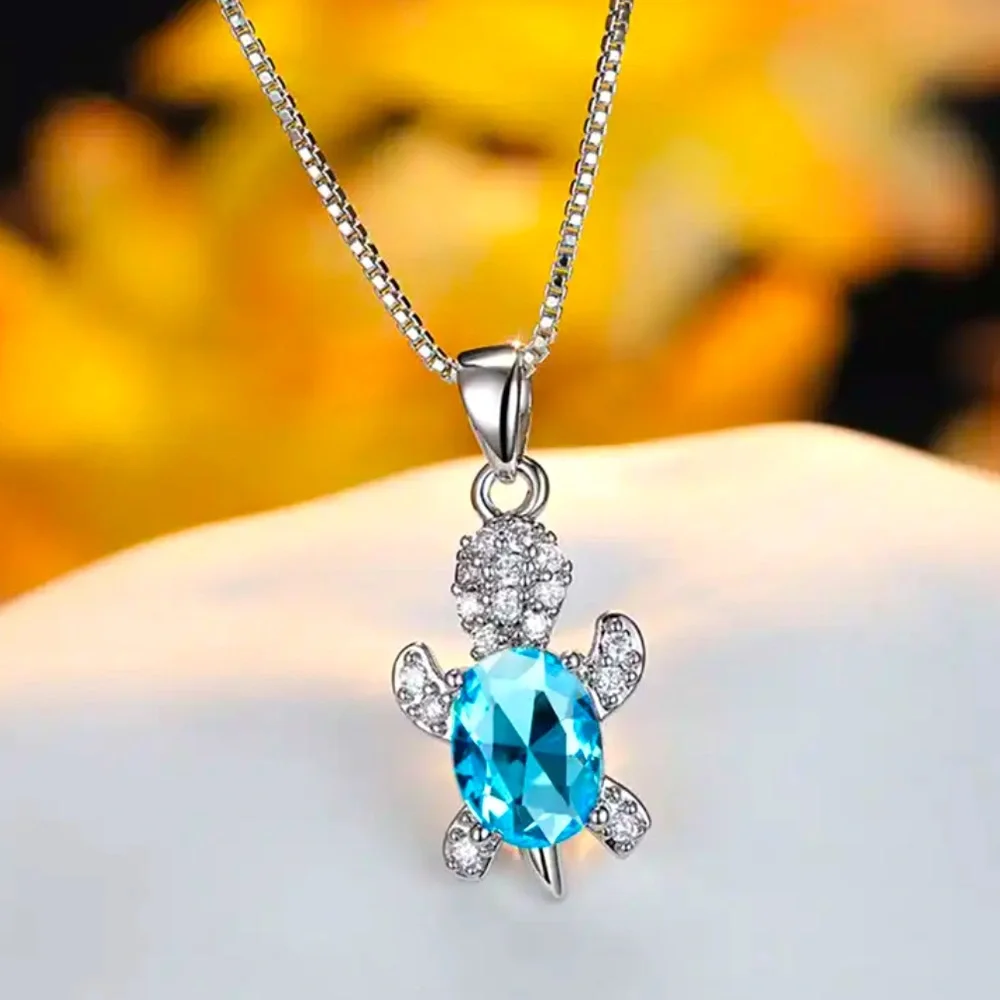“Just Keep Swimming” Blue Turtle Diamond 925 Sterling Silver Gift Cute Necklace